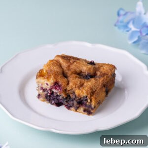 Moist Blueberry Sour Cream Coffee Cake Recipe for Brunch 13 Piece of blueberry coffee cake on a white plate.