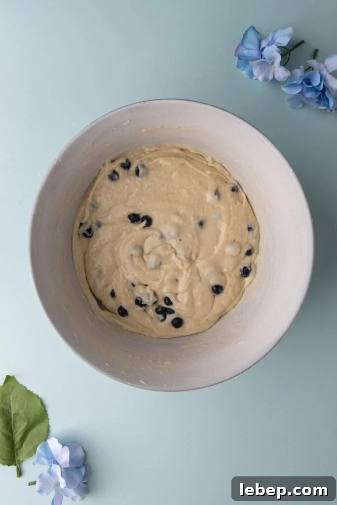 Moist Blueberry Sour Cream Coffee Cake Recipe for Brunch 6 A large mixing bowl with coffee cake batter with fresh blueberries folded in.