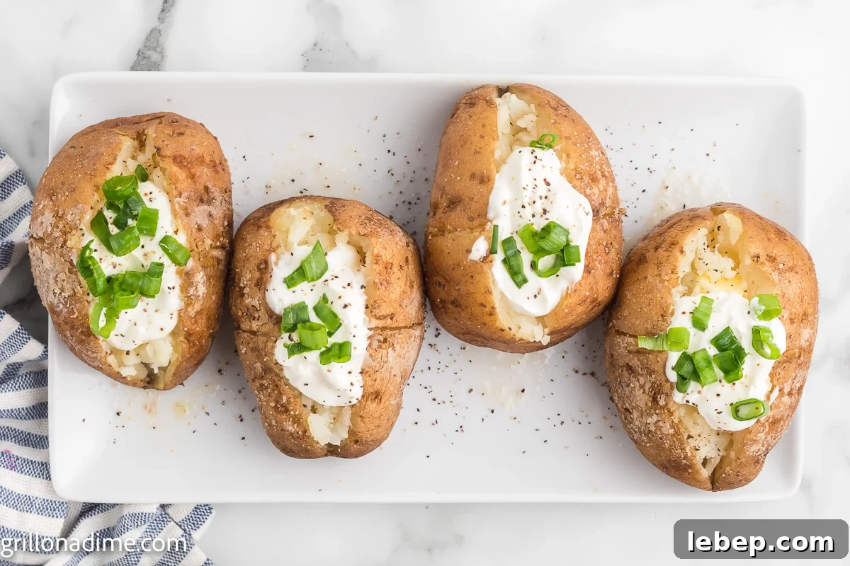 Smoked Baked Potatoes Recipe: Crispy Skin, Smoky Flavor 2 Smoked baked potatoes on a white platter topped with sour cream and chives