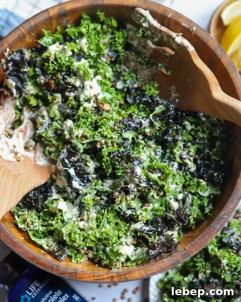 overhead view of a wooden bowl with homemade vegan caesar with lentils.