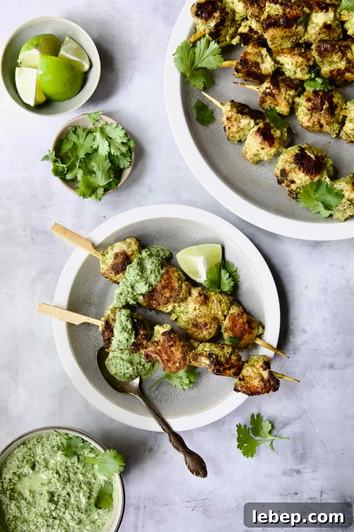 Two Yogurt Marinated Grilled Chicken Skewers with Cilantro Mint Chutney on white and gray plate.