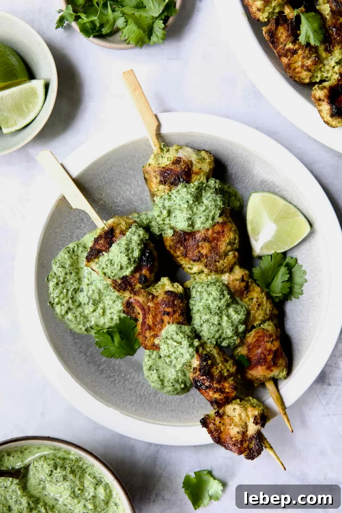 Two Yogurt Marinated Grilled Chicken Skewers with Cilantro Mint Chutney on white and gray plate.