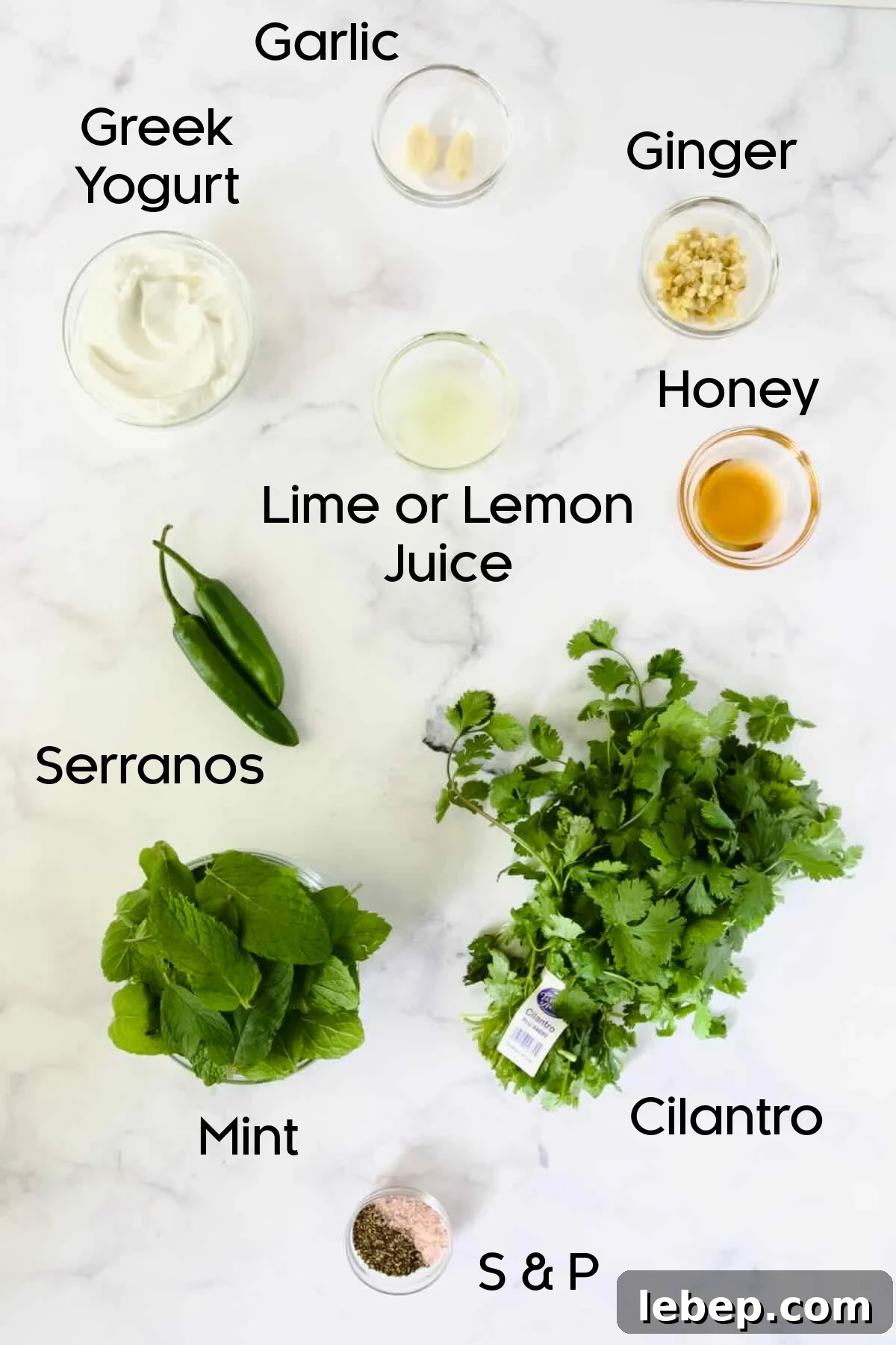 Ingredients for Cilantro Mint Chutney in glass bowls.