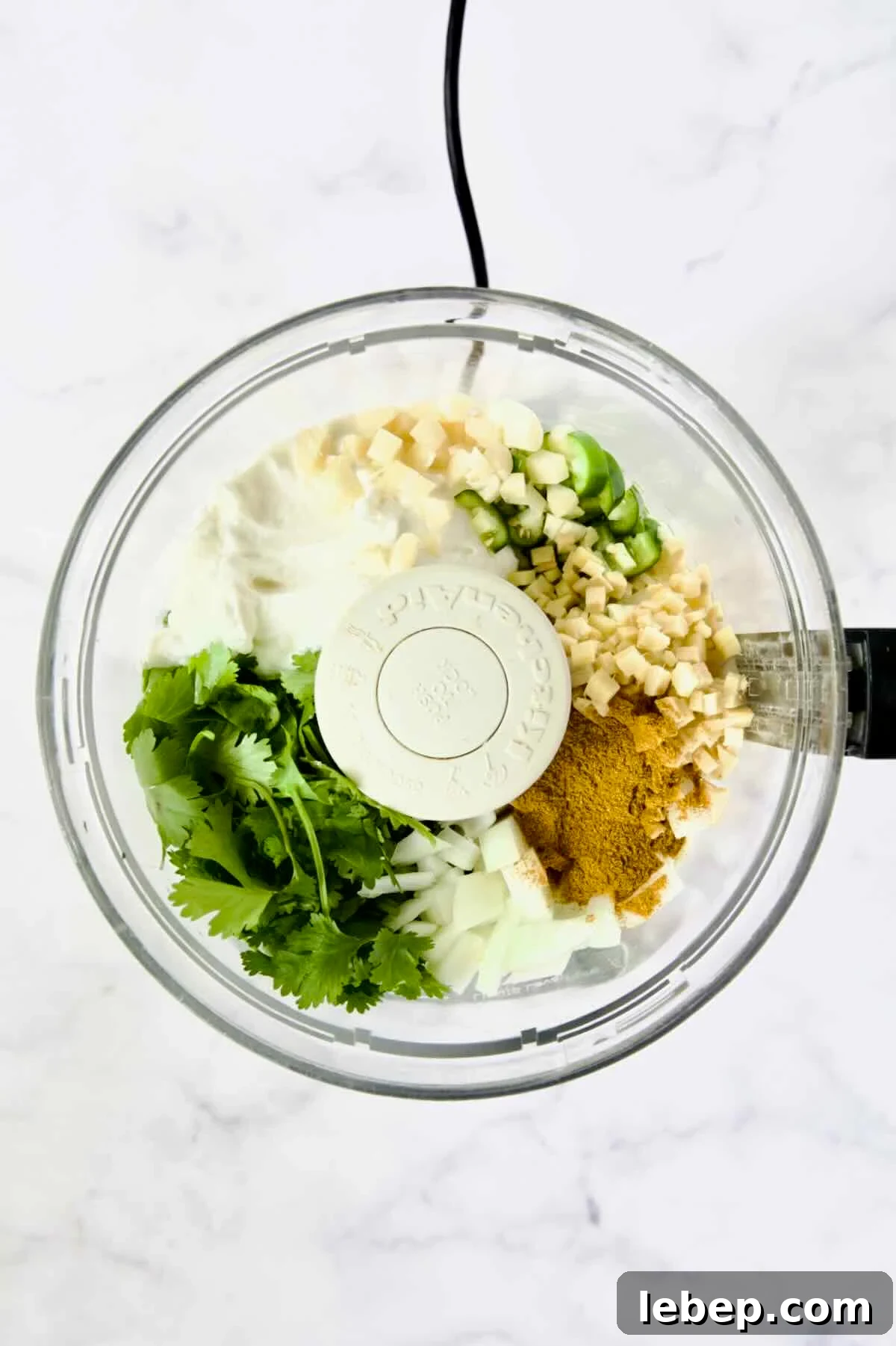 Ingredients for yogurt marinade in food processor before being pureed.