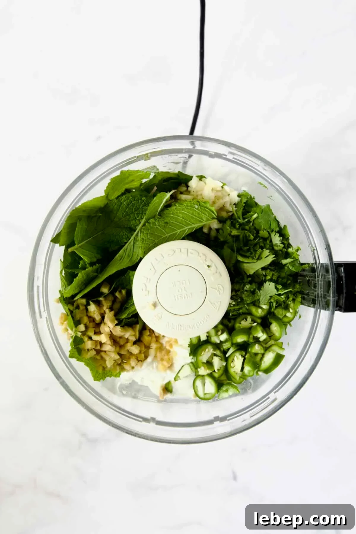 Ingredients for Cilantro Mint Chutney in food processor before being pureed.