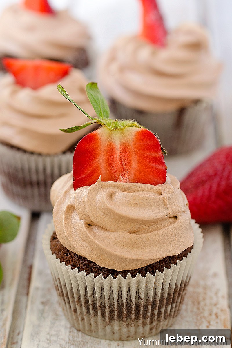 Strawberry Chocolate Cupcakes Recipe — Moist Chocolate & Fresh Strawberries 6 Strawberry Chocolate Cupcakes - On the Table