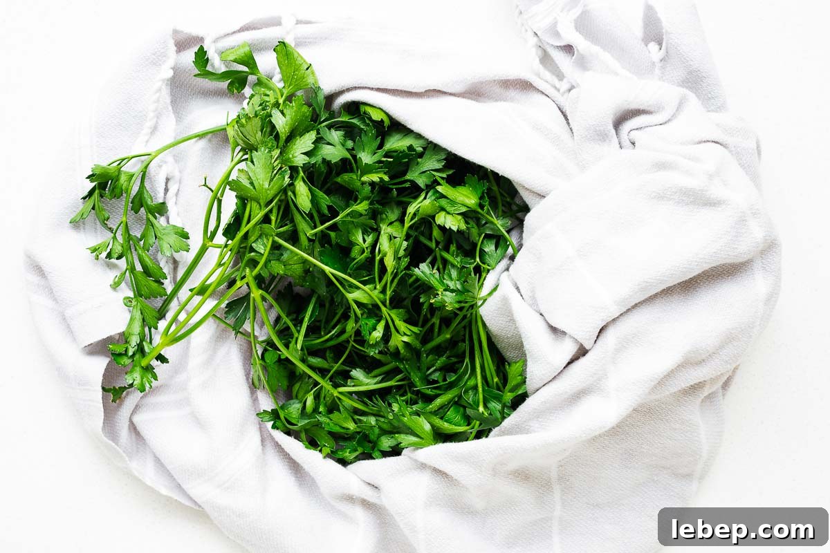 Drying Parsley in the Oven: Quick Guide for Flavorful Dried Herbs 5 Washed parsley being dried in a light grey kitchen towel viewed from above.