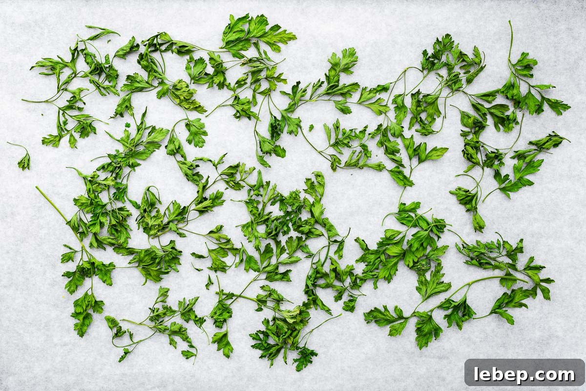 Drying Parsley in the Oven: Quick Guide for Flavorful Dried Herbs 7 Oven dried parsley leaves and stems on parchment paper viewed from above.