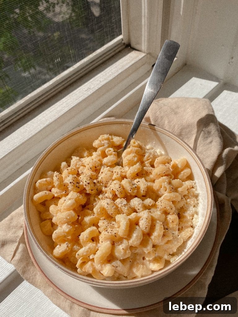 Creamy Cavatappi Pasta with Gluten-Free and Dairy-Free Options 2 creamy cavatappi pasta in a white bowl with a dish towel on a window sill