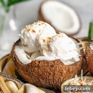 Creamy Coconut Sorbet Recipe: Refreshing Tropical Dessert 16 Scoops of coconut sorbet in a coconut shell.