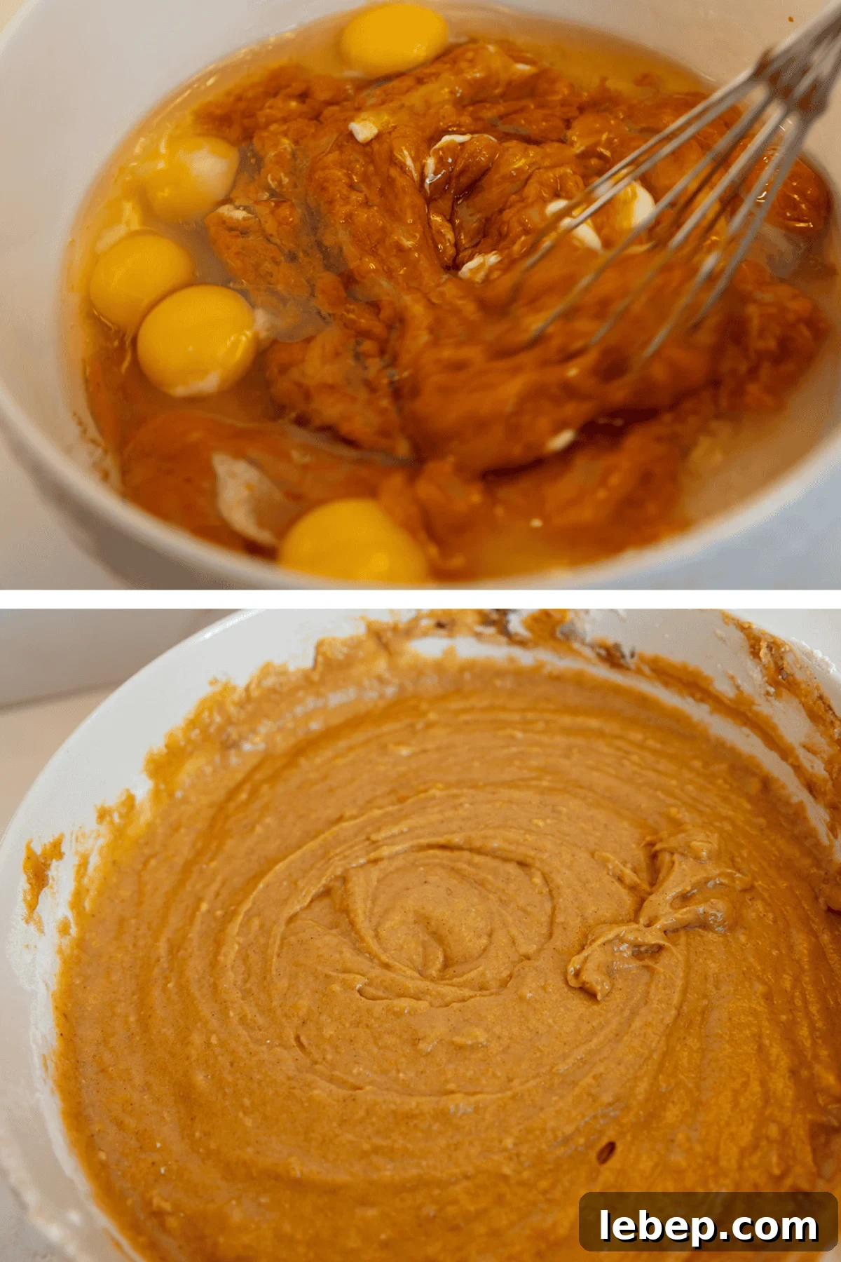 Large-Batch Pumpkin Chocolate Chip Muffins Recipe 3 how to make pumpkin chocolate chip muffins. 2 bowls one stirring ingredients the other stiffed ingredients