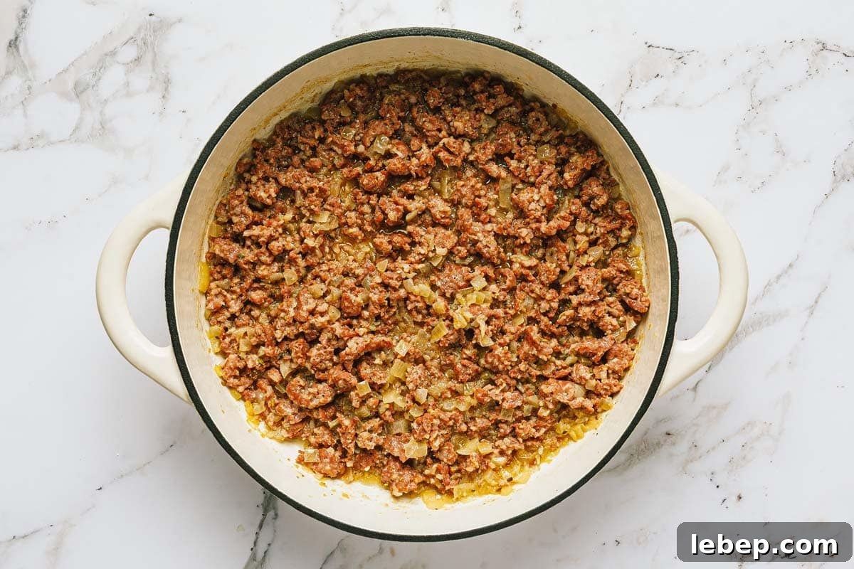 Pepperoni & Sausage Pizza Pasta Bake Recipe 5 Large pan filled with sausage and veggies.