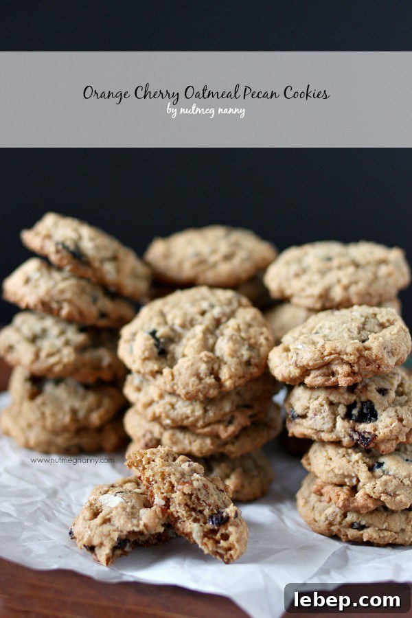 Orange Cherry Oatmeal Pecan Cookies by Nutmeg Nanny These orange cherry oatmeal pecan cookies are packed full of flavor and perfect hot out of the oven. Grab a glass of milk and prepare to dunk.