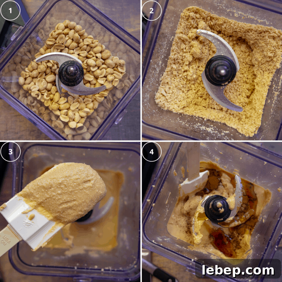 How to Make Nut Butter at Home: Complete Step-by-Step Guide 3 nut butter in four stages, whole nuts, ground nuts, a smooth paste, then with flavors added to it.