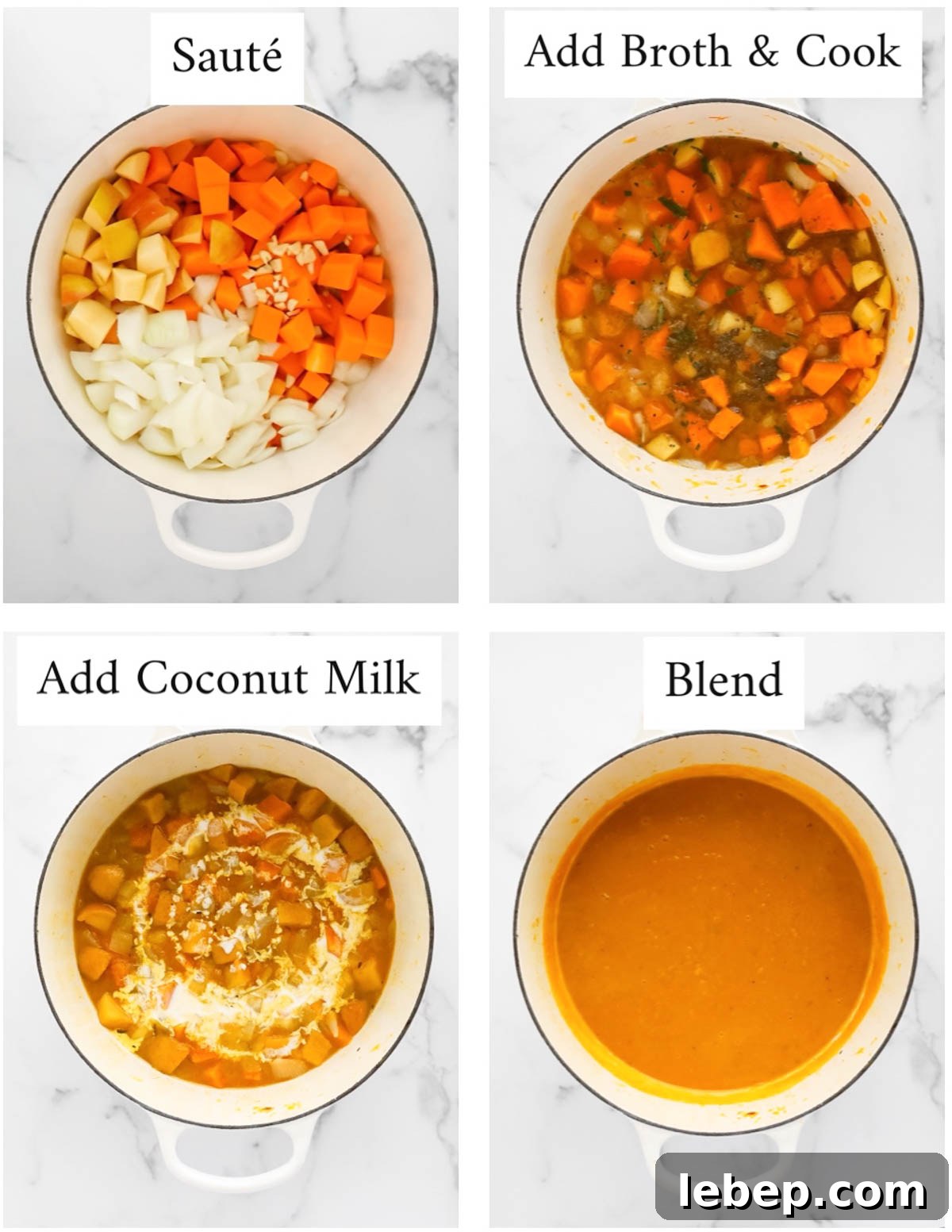 A collage of four labeled pictures: 1. "saute" a white pot filled with chopped vegetables. 2. "add broth and cook" a white pot filled with cooked vegetables and broth. 3. "add coconut milk" the cooked soup with a drizzle of coconut milk on top. 4. "blend" the soup is now blended and creamy.