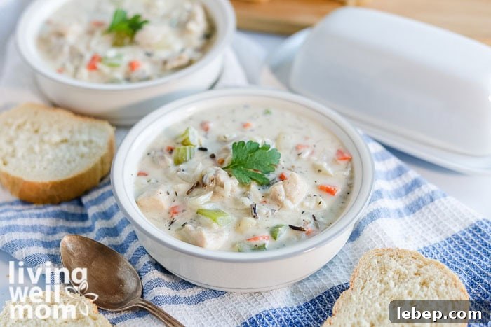 Creamy Slow Cooker Wild Rice and Chicken Soup Recipe 11 Creamy chicken wild rice soup served with warm bread for dipping