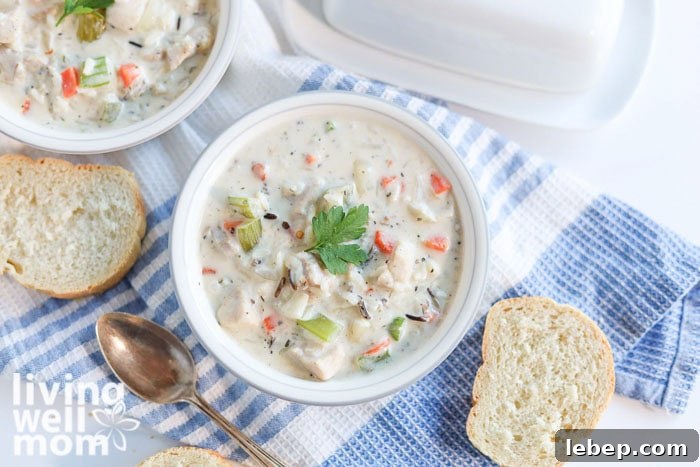 Creamy Slow Cooker Wild Rice and Chicken Soup Recipe 14 Overhead shot of creamy wild rice soup in 2 bowls alongside crusty french bread