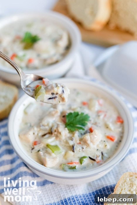 Creamy Slow Cooker Wild Rice and Chicken Soup Recipe 16 A spoonful of creamy chicken and wild rice soup with chunks of chicken and vegetables