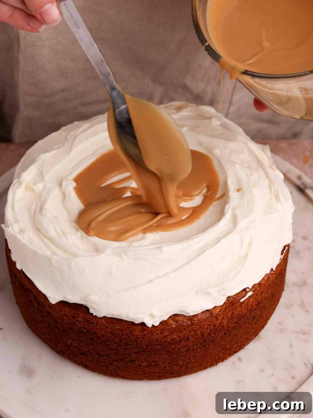 Decadent Banoffee Cake Recipe with Caramelized Bananas 10 fill middle of cake with toffee sauce
