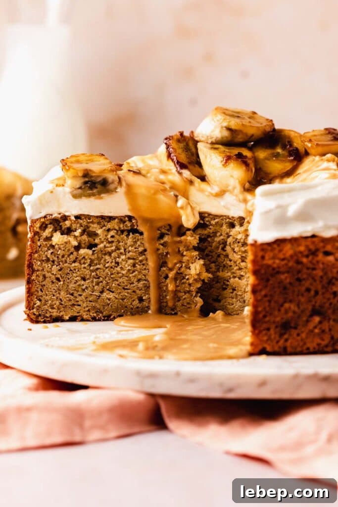 Decadent Banoffee Cake Recipe with Caramelized Bananas 3 slice of banana cake with whipped cream and toffee sauce