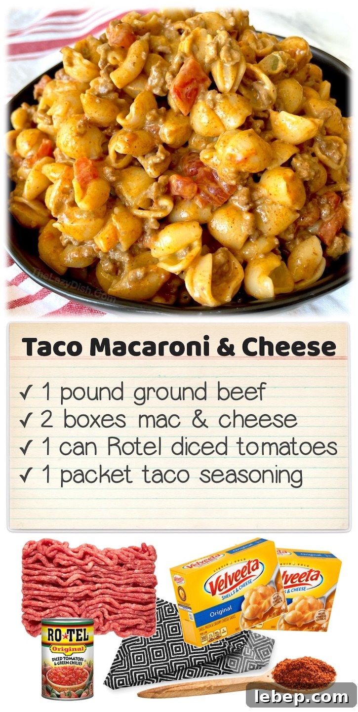 36 Family Dinner Ideas Kids and Picky Eaters Will Love 3 Taco Macaroni & Cheese | If you're looking for easy dinner ideas for your kids, this quick weeknight meal is a hit with my picky eaters! It's made with just ground beef, 2 boxes of Mac & Cheese, 1 can of Rotel, and a packet of taco seasoning.