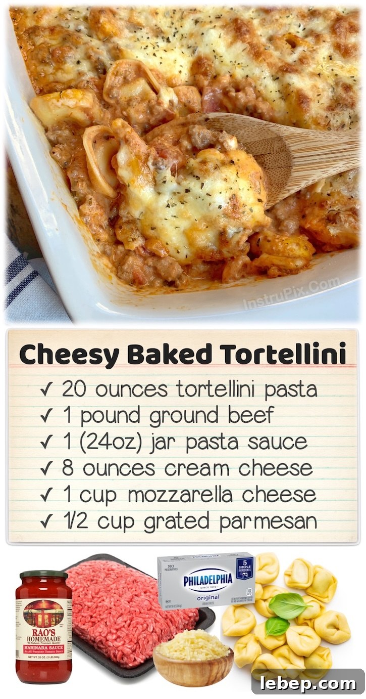 36 Family Dinner Ideas Kids and Picky Eaters Will Love 24 Cheesy Baked Tortellini | This Pinterest Popular recipe is a mixture of meat sauce and cream cheese baked with tortellini pasta and lots of gooey cheese over top. The best family friendly dinner recipe! Serve with a side of salad and breadsticks and consider dinner a success.