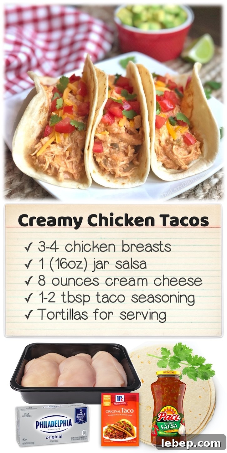 36 Family Dinner Ideas Kids and Picky Eaters Will Love 26 Creamy Chicken Tacos | This easy slow cooker dinner recipe is made with just a few chicken breasts, salsa, cream cheese, and taco seasoning. The best taco meat and a great make ahead meal for busy weeknight dinners! Your kids are going to ask you to add this to your weekly dinner menu.