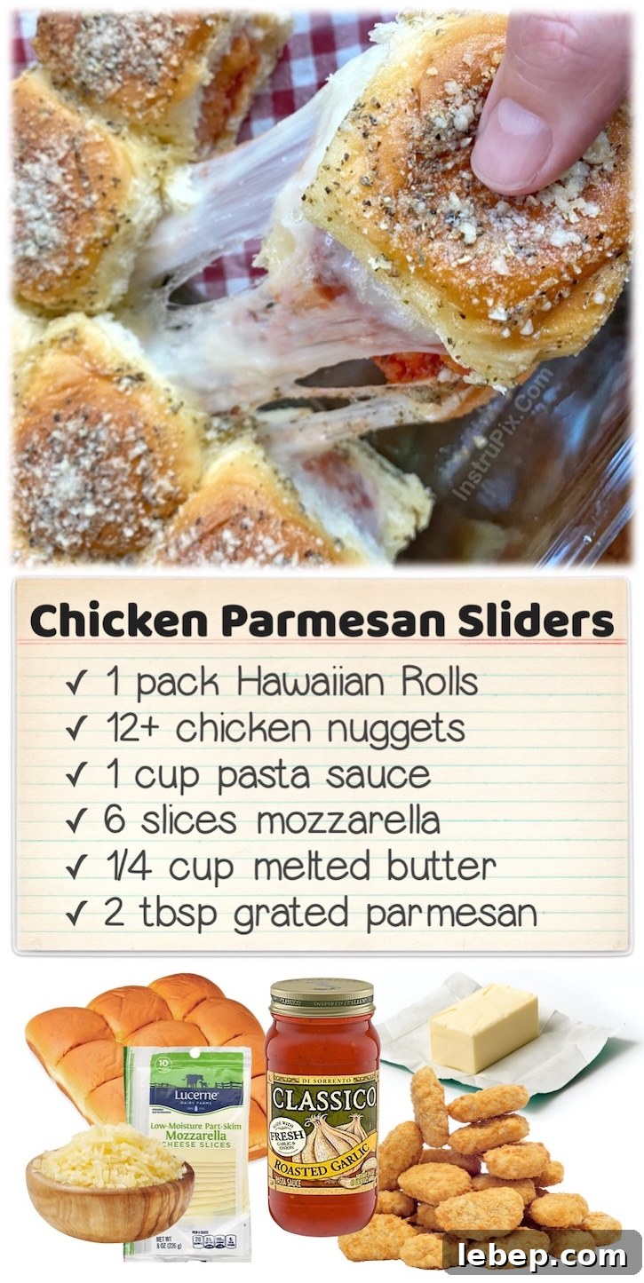 36 Family Dinner Ideas Kids and Picky Eaters Will Love 27 Chicken Parmesan Sliders | These mini sandwiches and the best kid friendly meal for both lunches and dinners! They are perfect for sleepovers and super cheap to make with Hawaiian rolls, frozen chicken nuggets, pasta sauce, cheese, and melted butter.