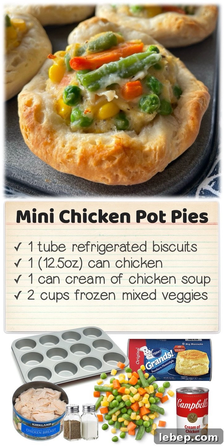 36 Family Dinner Ideas Kids and Picky Eaters Will Love 4 Mini Chicken Pot Pies | This fun and simple muffin tin recipe is made with just 4 ingredients and is a big hit with my picky kids! It's a mixture of chicken, soup, and frozen veggies baked into Pillsbury refrigerated biscuits.