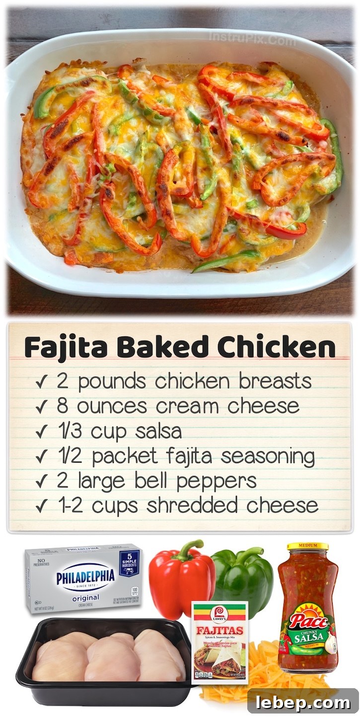 36 Family Dinner Ideas Kids and Picky Eaters Will Love 32 Cheesy Fajita Baked Chicken | My kids love chicken, and this is our favorite way of baking it-- loaded with a mixture of cream cheese, salsa, and taco seasoning, topped with sliced bell peppers and lots of shredded cheese. Serve alone, over rice, or in warm flour tortillas for this easy weeknight meal.