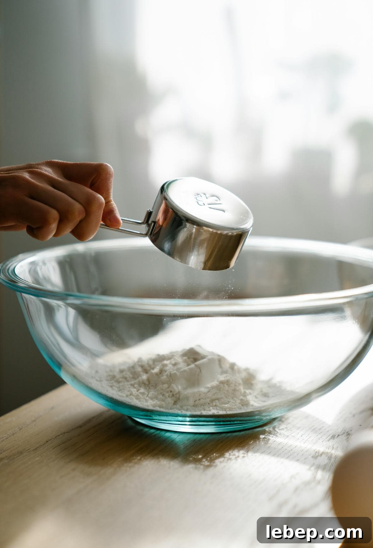 Cooking Measurement Guide: Key Conversions for Accurate Results 2 A hand pours flour from a metal measuring cup into a large clear glass mixing bowl on a wooden table, with soft daylight illuminating the scene.