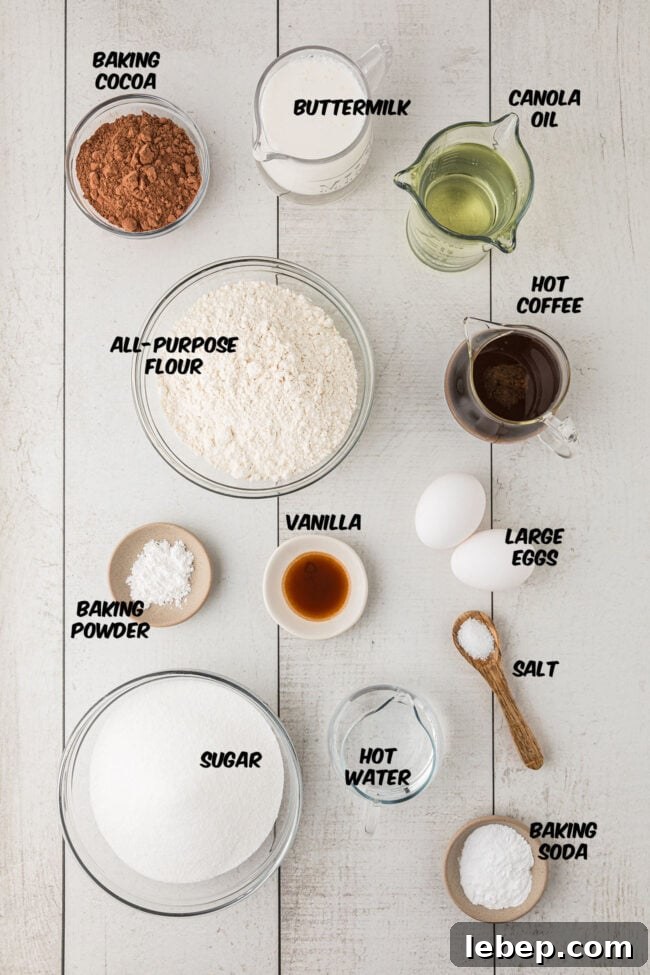 Ultra-Rich One-Bowl Chocolate Cake Recipe You’ll Love 3 chocolate cake ingredients on a counter