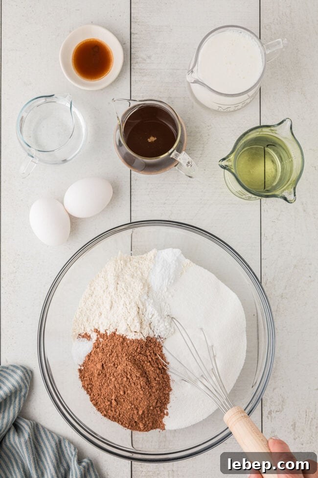 Ultra-Rich One-Bowl Chocolate Cake Recipe You’ll Love 4 mixing cake ingredients on a counter