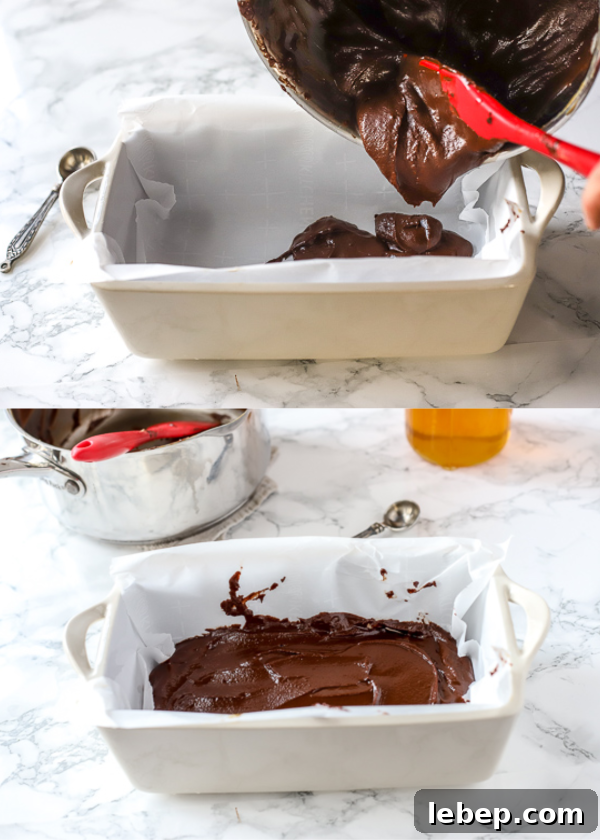 vegan simple fudge recipe being poured into a parchment lined dish