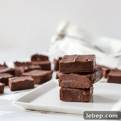 vegan fudge stacked up 3 tall on a white plate with more pieces of fudge behind it
