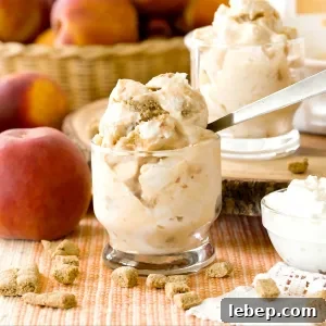 Peach pie ice cream with cottage cheese, peaches, vanilla, and gluten-free graham cracker pie crust bits.