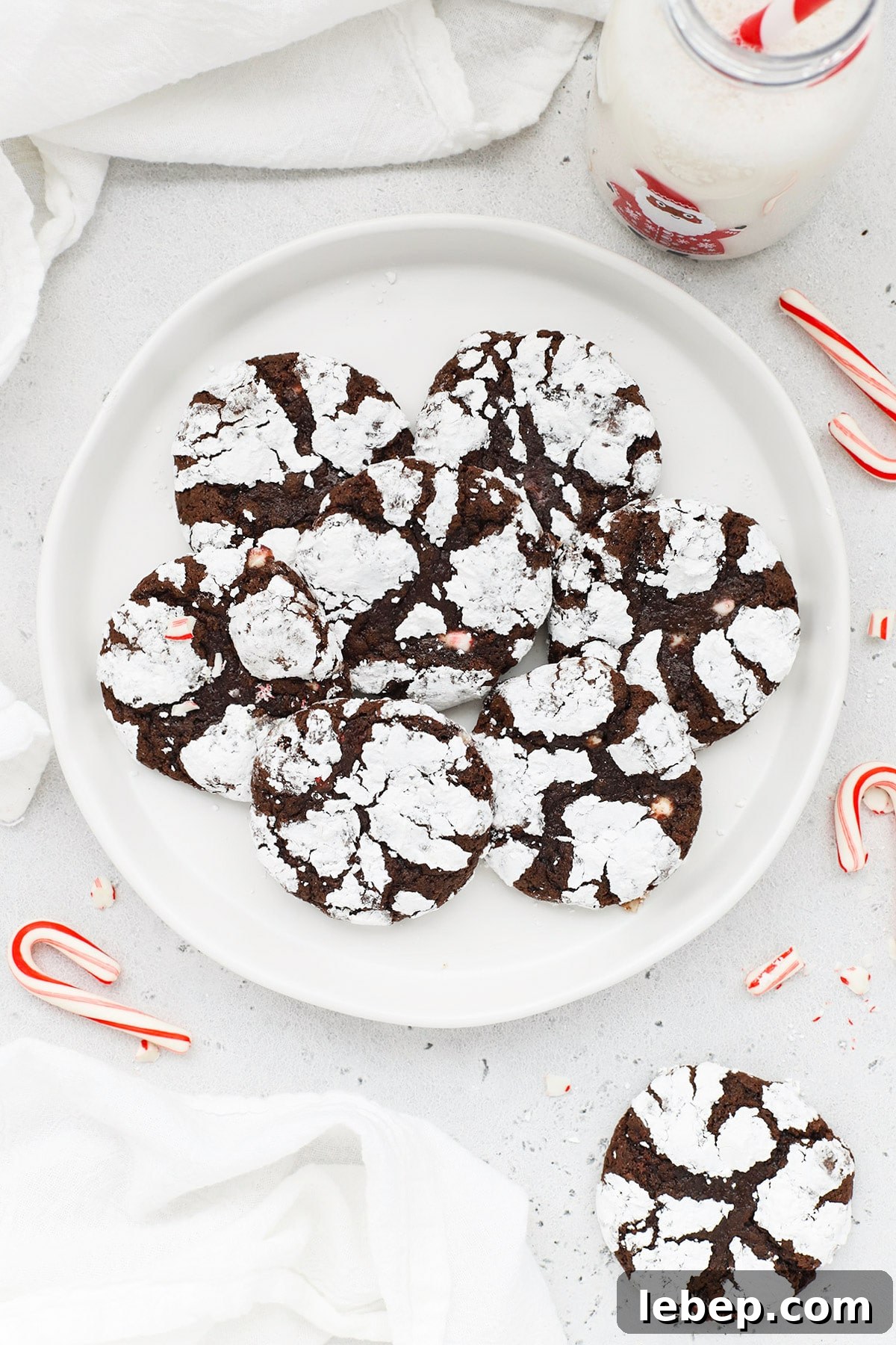 Gluten-Free Peppermint Chocolate Crinkle Cookies Recipe 2 Overhead view of a plate of gluten-free peppermint chocolate crinkle cookies