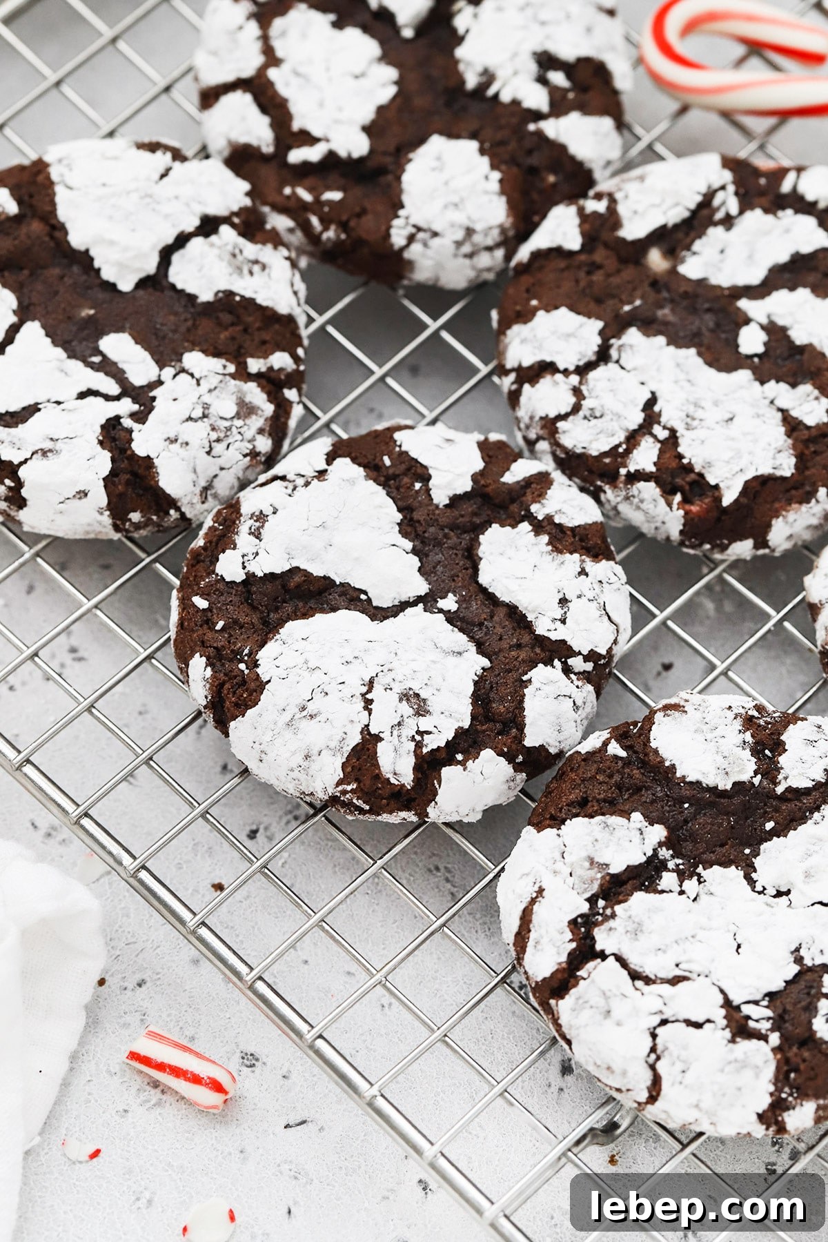Gluten-Free Peppermint Chocolate Crinkle Cookies Recipe 11 Front view of gluten-free peppermint chocolate crinkle cookies on a cooling rack