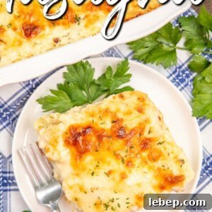 slice of chicken alfredo lasagna on a plate with text overlay