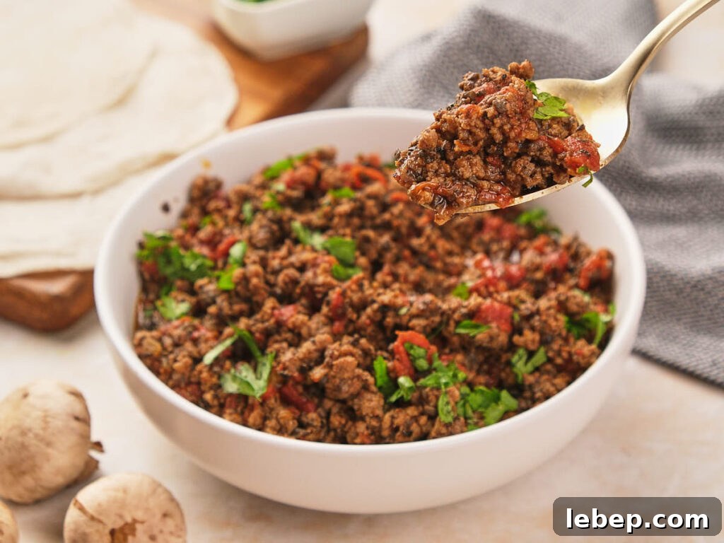 A spoonful of seasoned taco meat with cilantro being lifted from a bowl.