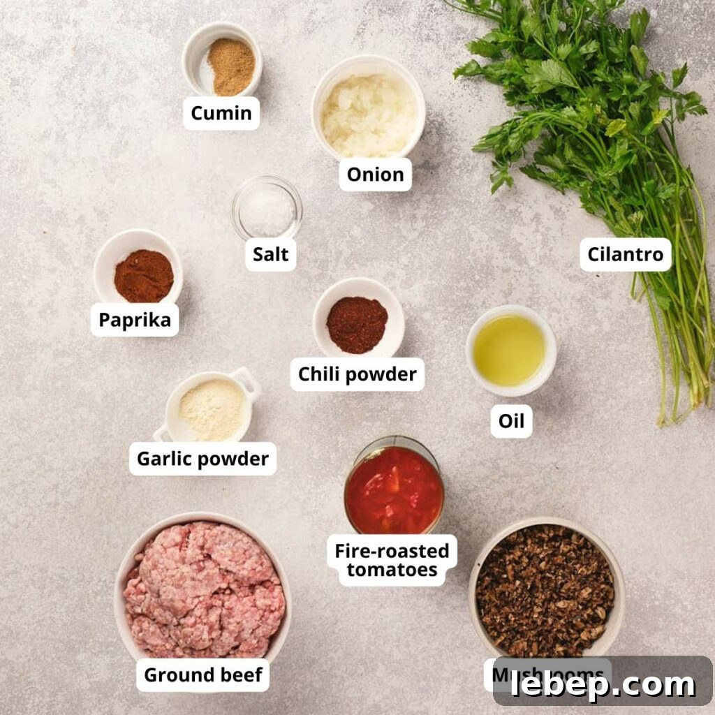 Labeled ingredients for taco meat are arranged on light countertop.