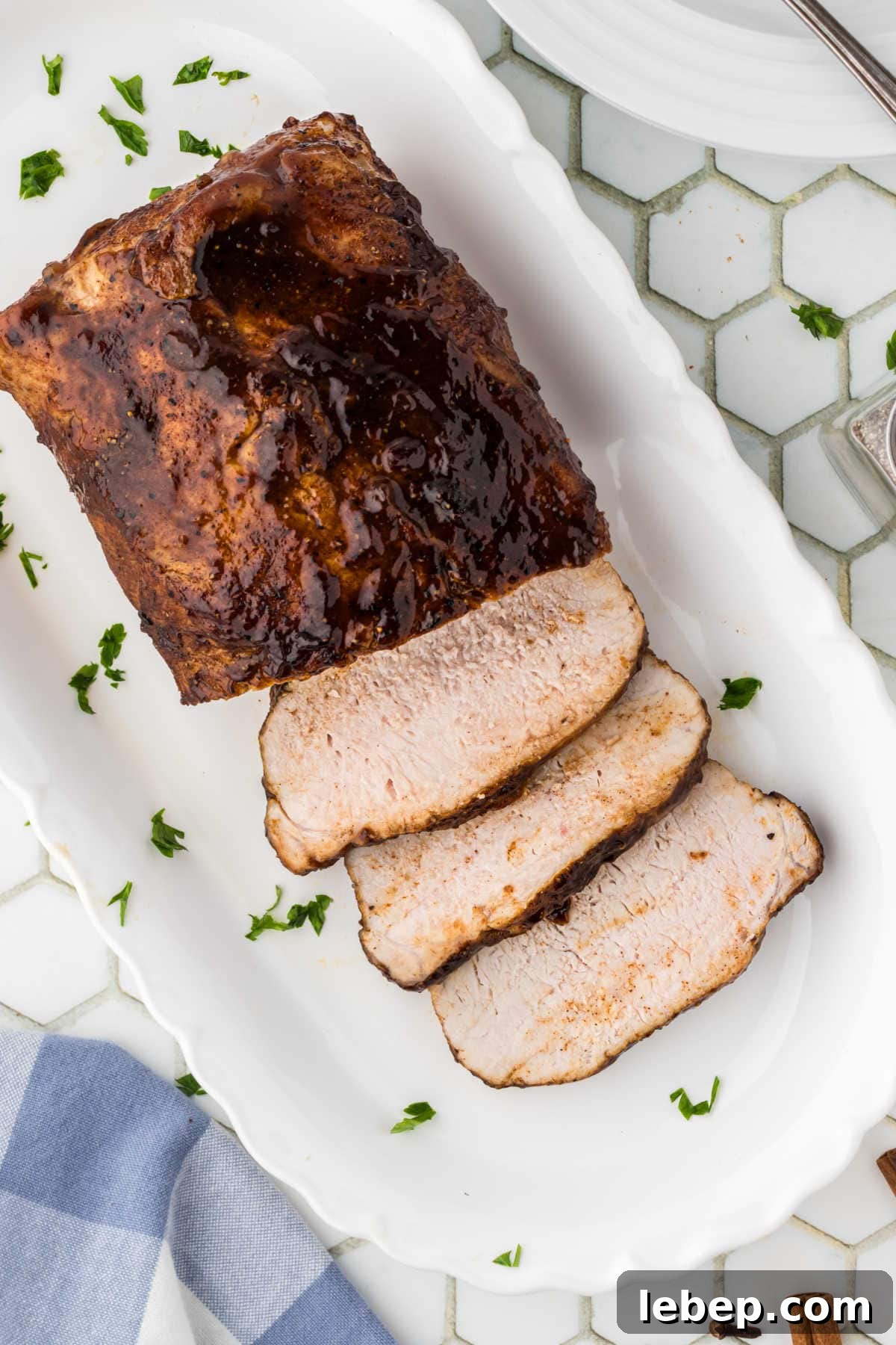 Overhead view of the finished, glazed pork loin.