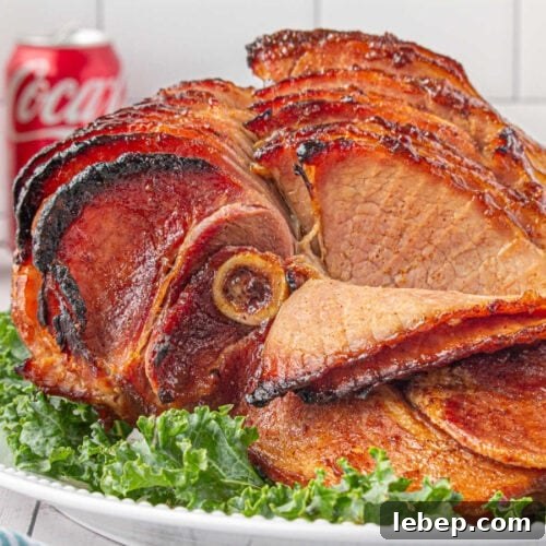 Closeup of sliced ham on a plate.