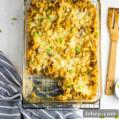Overhead view of the casserole with a serving removed.