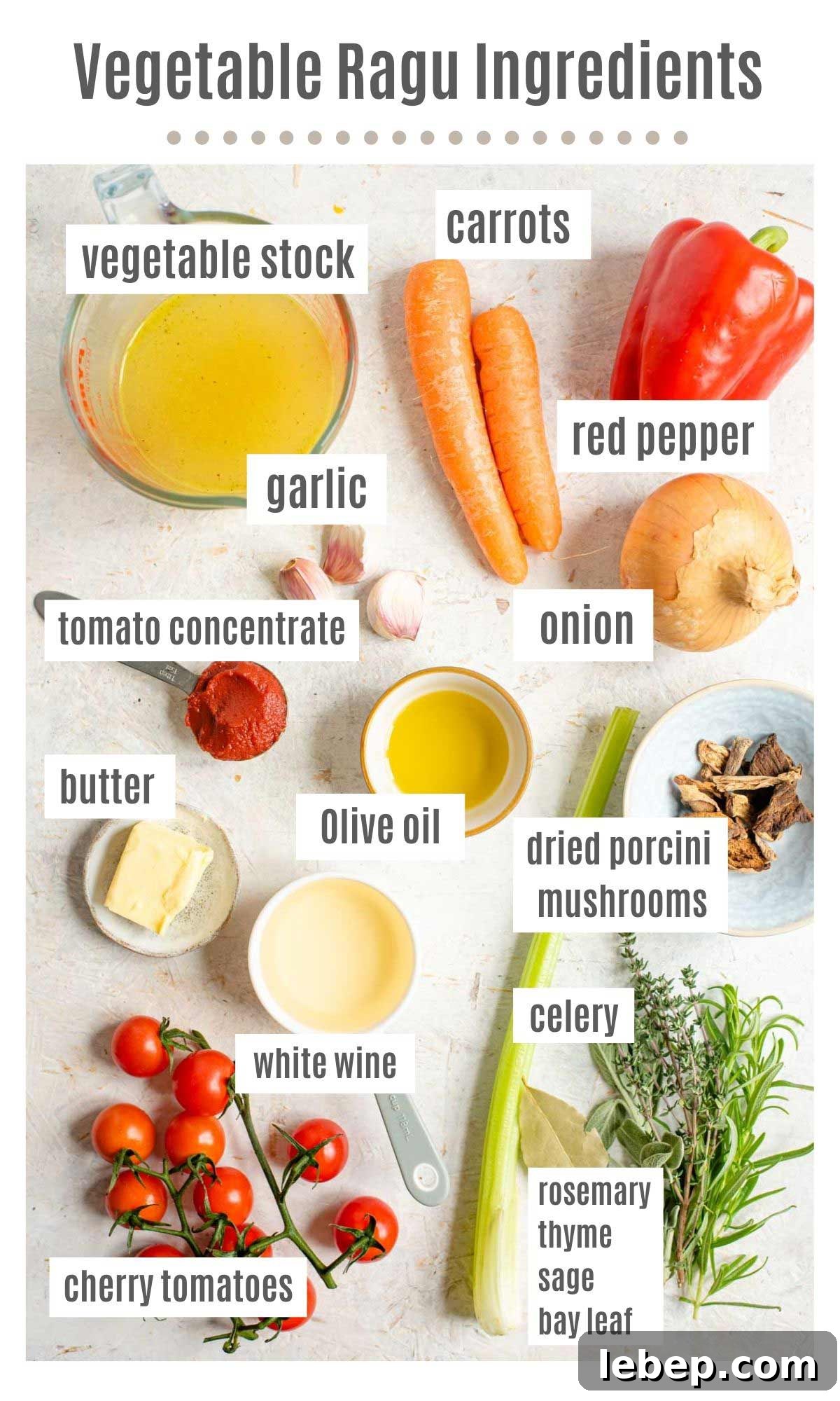 Hearty Vegetable Ragu with Pappardelle Pasta Recipe 3 An overhead shot of all the ingredients you need to make vegetable ragu