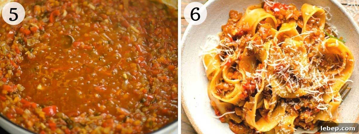 Hearty Vegetable Ragu with Pappardelle Pasta Recipe 5 Two photos showing a how vegetable ragu should look once cooked