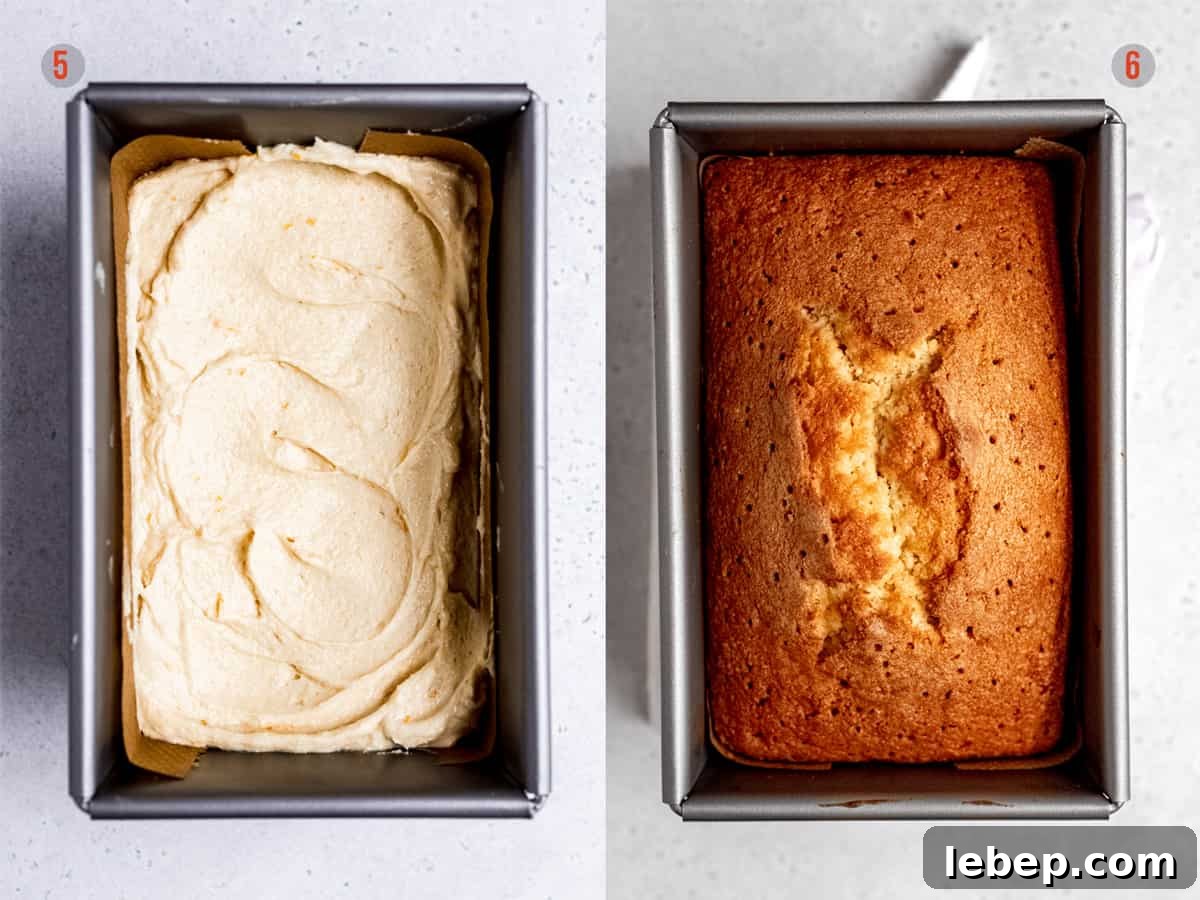Orange Drizzle Cake Recipe with Zesty Glaze 6 Orange drizzle cake in the loaf pan before and after baking