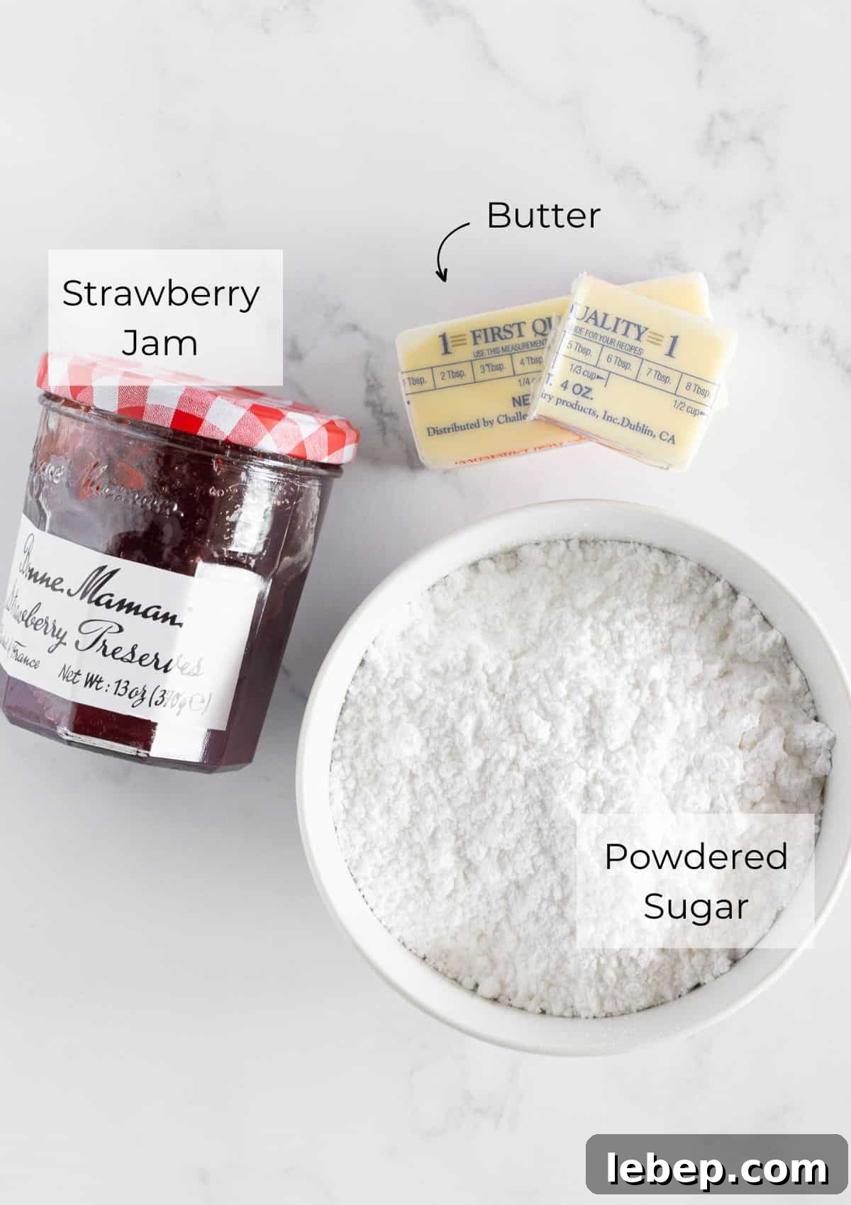Ingredients needed to make the easy strawberry buttercream.