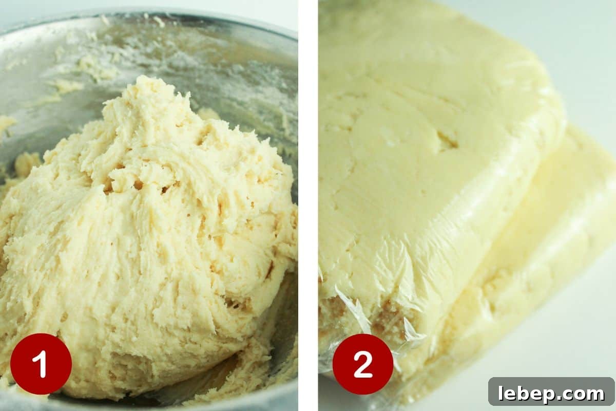 Photos of steps 1 and 2 of making cream cheese sugar cookie dough.