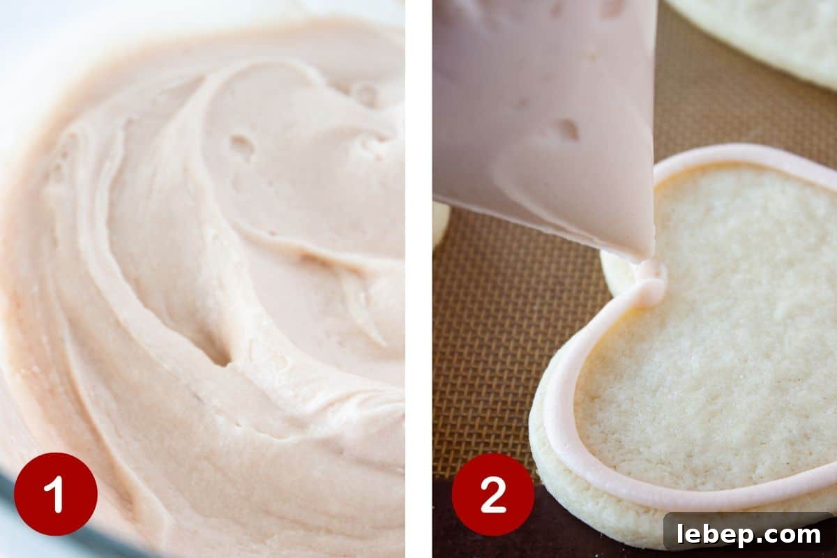 Steps 1 and 2 of making strawberry jam butter cream and frosting cookies.